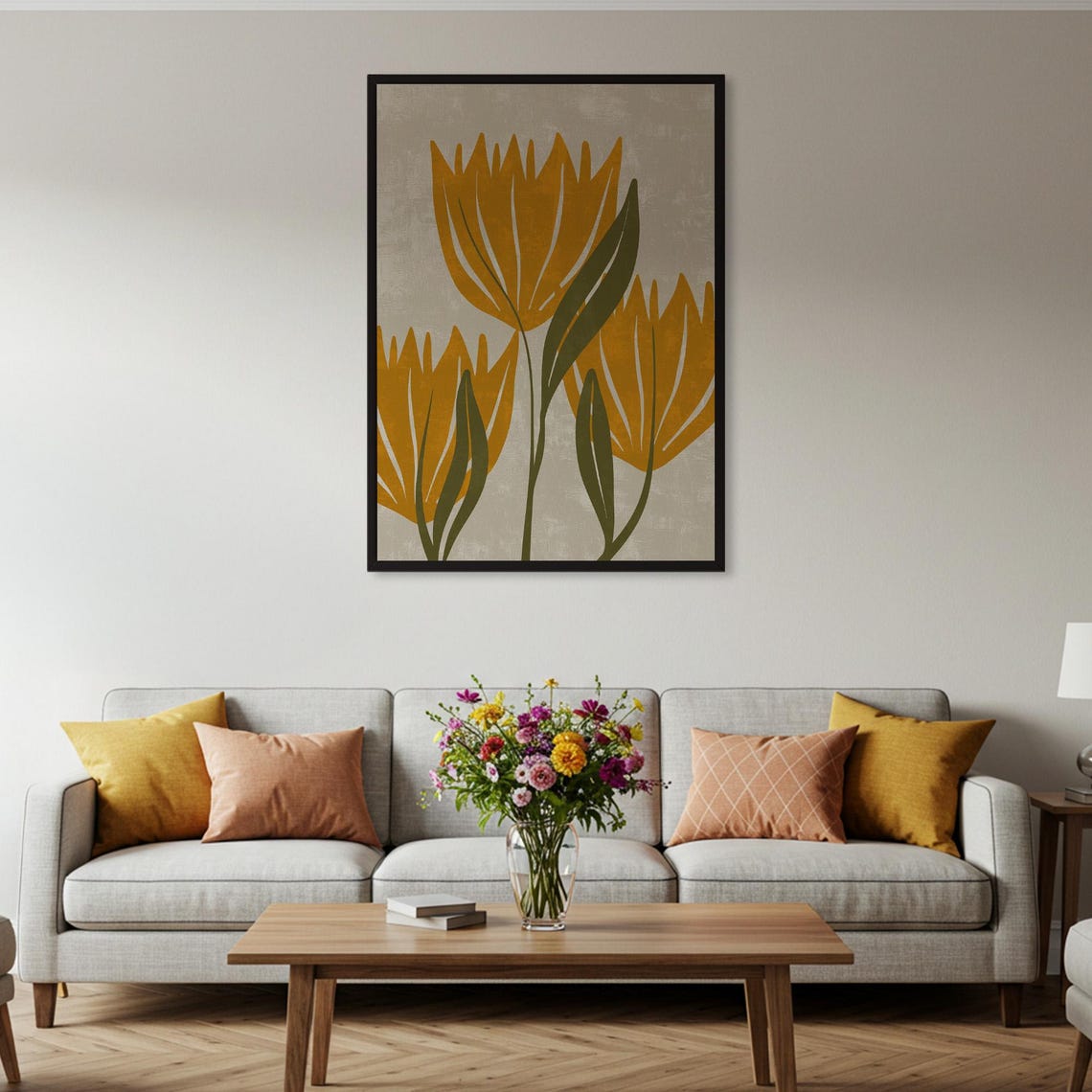 Mustard Yellow Abstract Flowers Modern Botanical Beige Poster - Image 2