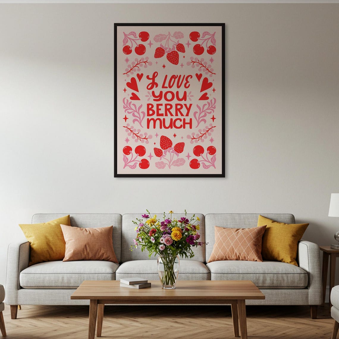 I Love You Berry Much Strawberry Cherry Pun Typographic Poster - Image 2