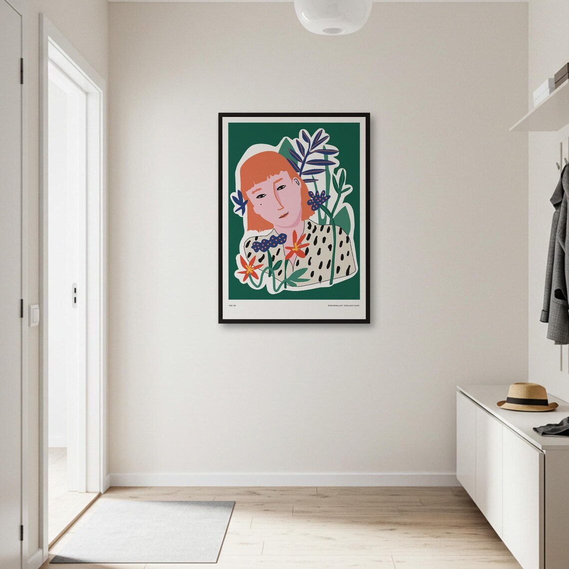 Red Haired Woman Floral Illustration Green Minimalist Art Poster - Image 3
