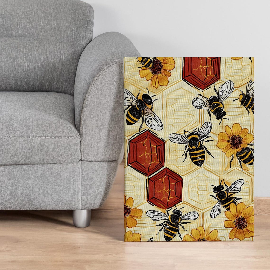 Honey Bee Honeycomb Pattern Yellow Flower Illustration Art Poster