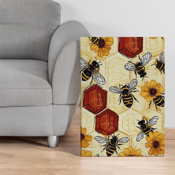 Honey Bee And Honeycomb Canvas Wall Art With Yellow Flowers Botanical Nature Print For Kitchen Nursery Garden Or Beekeeper Gift Framed