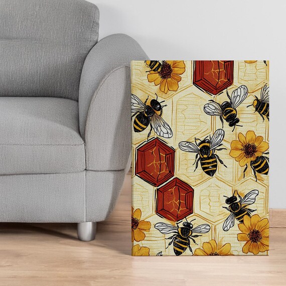 Honey Bee Honeycomb Pattern Yellow Flower Illustration Art Poster