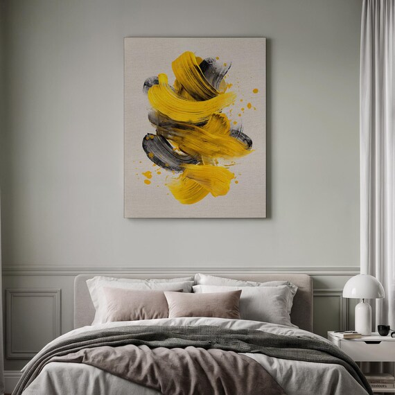 Bold Abstract Art Yellow And Black Framed Expressionist Decor Energetic Brushstroke Textured Canvas Print Contemporary Wall Accent