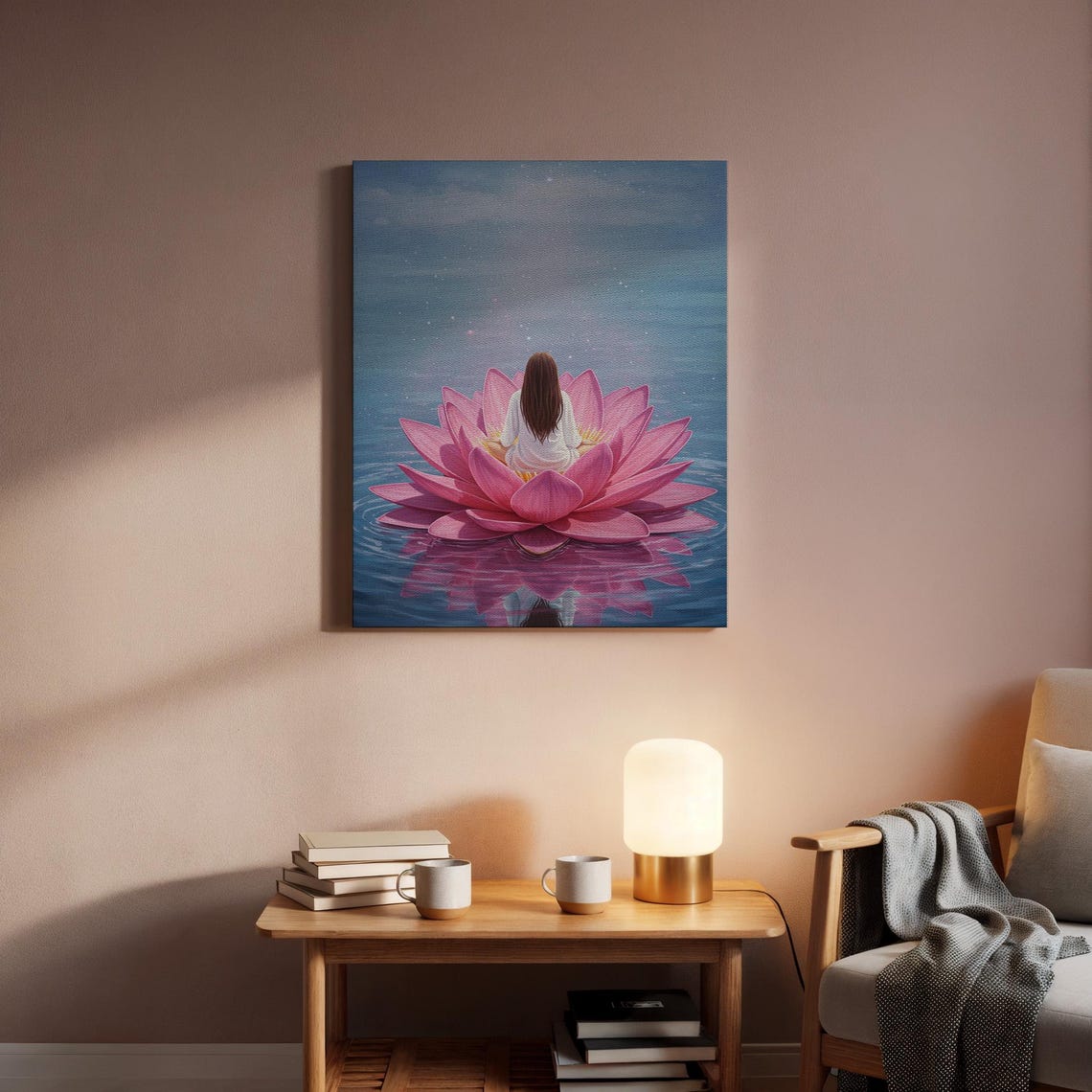 Woman Meditating on Giant Pink Lotus Flower Blue Water Zen Art Poster - Image 2