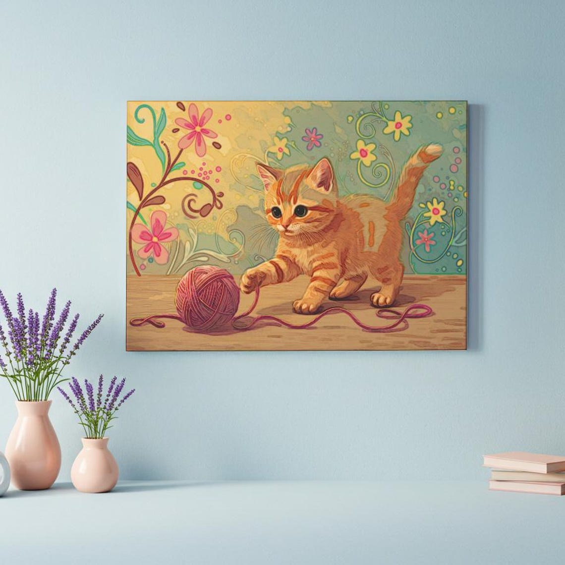 Orange Kitten Playing With Pink Yarn Ball Cute Floral Art Poster