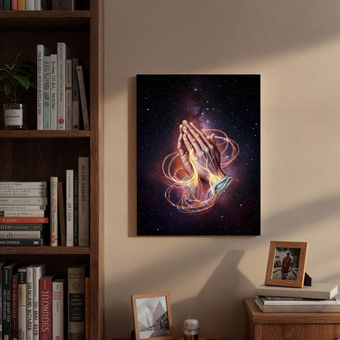 Praying Hands with Golden Light Cosmic Night Sky Spiritual Poster - Image 3