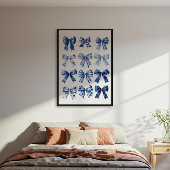 Blue Watercolor Ribbon Bows Pattern Nursery Girls Decor Poster