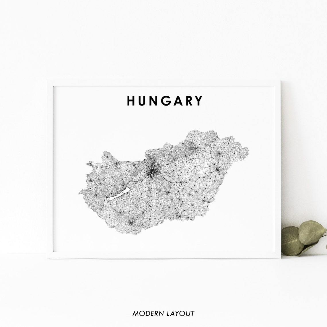 Hungary Country Minimalist Black Line Road Map Modern White Poster