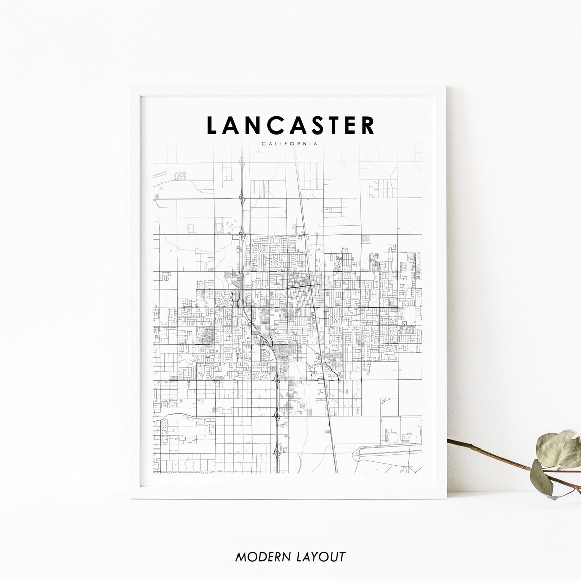 Lancaster California City Street Map Minimal Black Line Art Poster