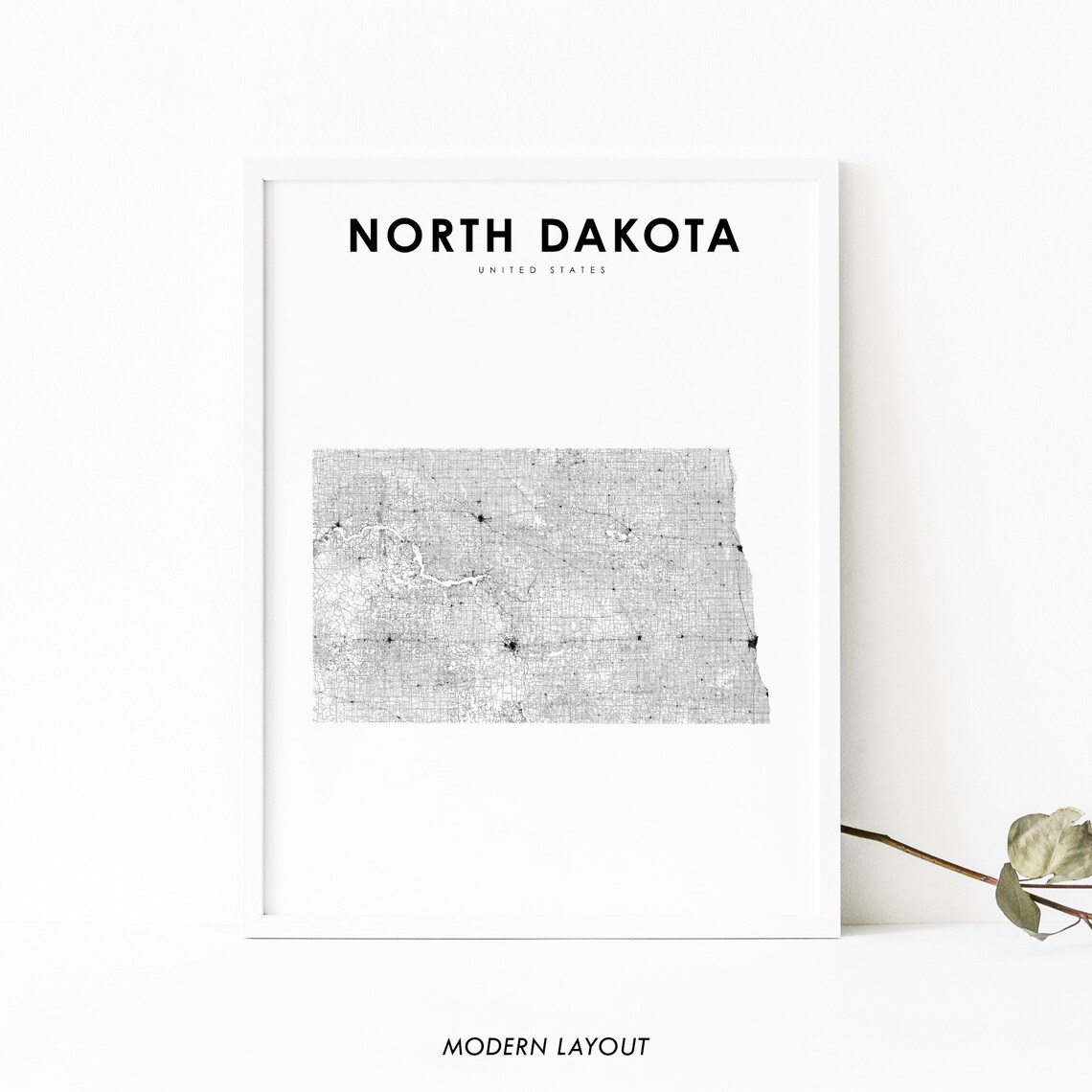 North Dakota State Map Minimalist Modern Road Line Art Poster