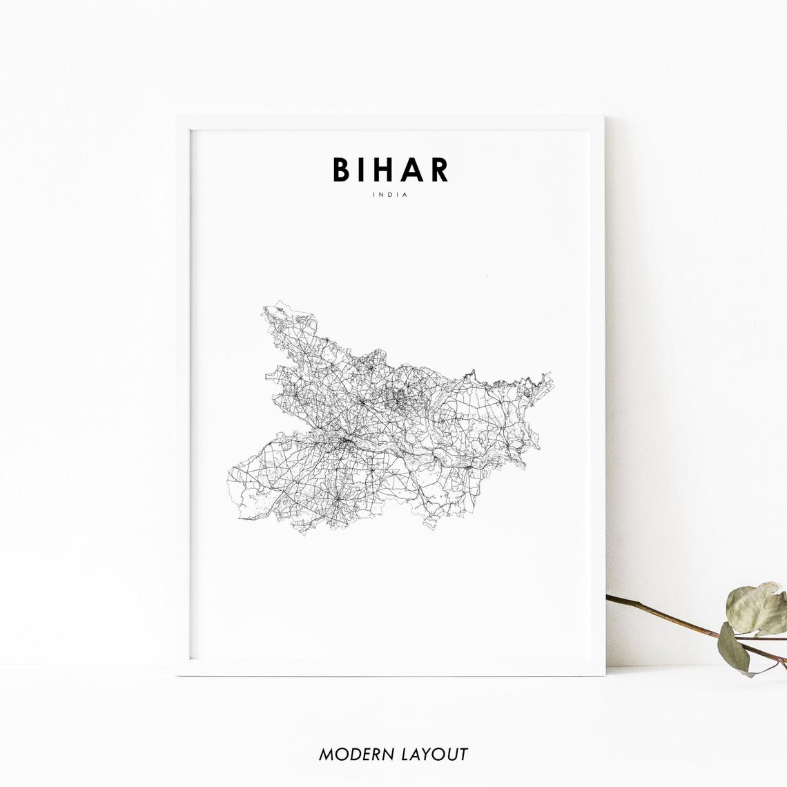 Bihar India Minimalist Black White Road Network Map Wall Art