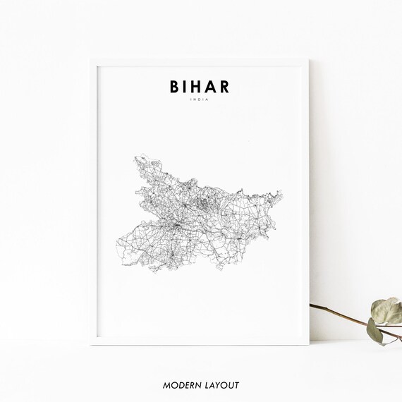 Bihar India Minimalist Black White Road Network Map Wall Art