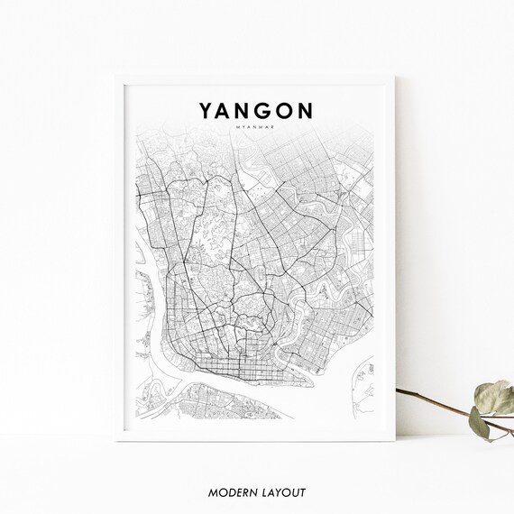 Yangon Myanmar Map Print Art Poster Rangoon Burma City Street Road Printnursery Room Wall Office Decor