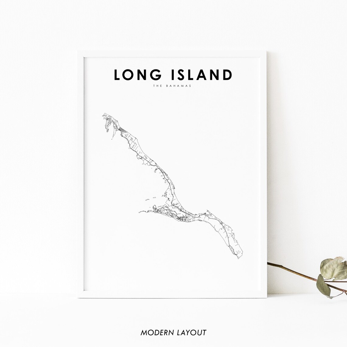 Long Island Bahamas Black White Minimalist Island Road Map Poster