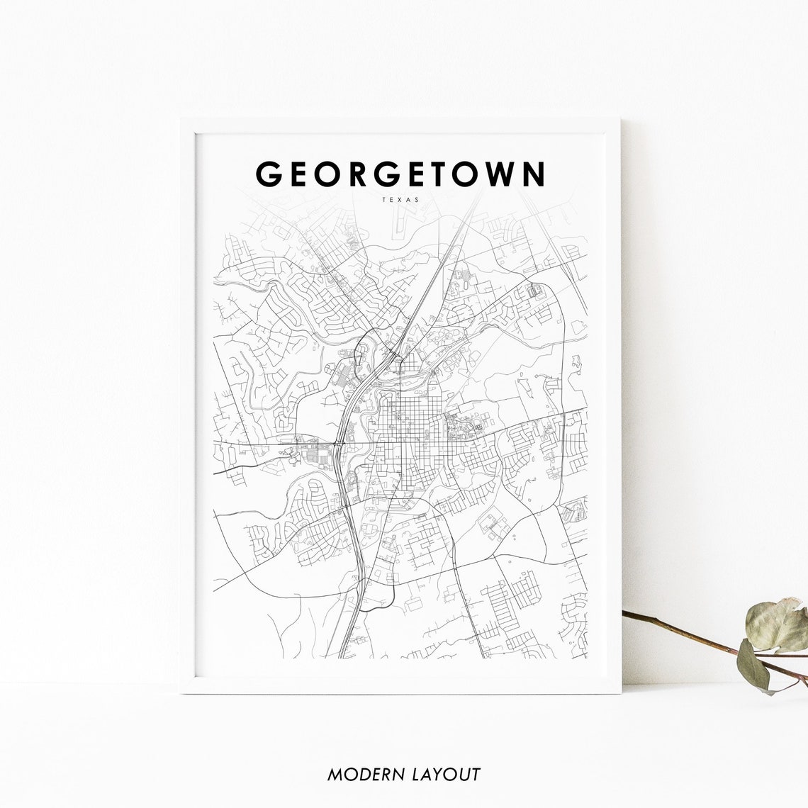Georgetown Texas Black and White Minimalist City Street Map Poster