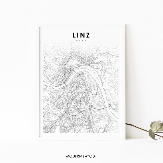 Linz Austria City Street Map Black Line Art Modern Layout Poster