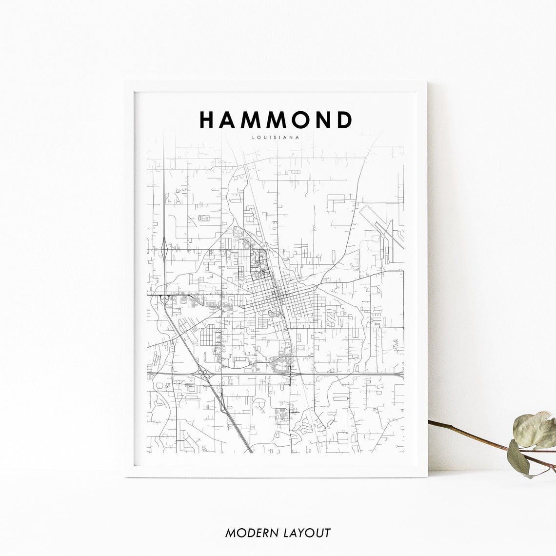 Hammond Louisiana Minimalist Black White Street Map Wall Art
