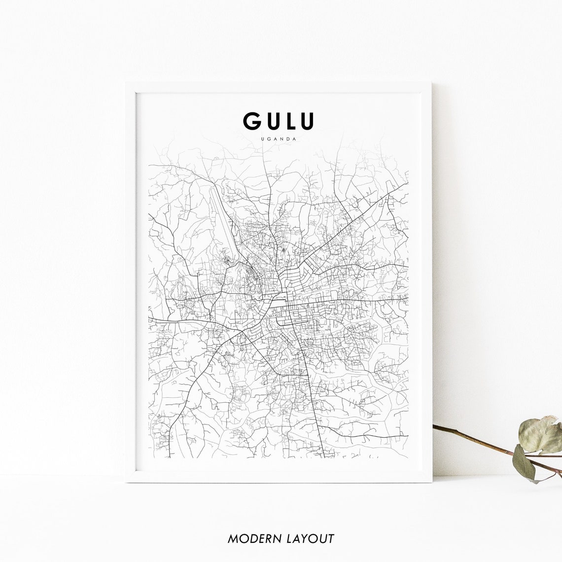 Gulu Uganda Minimalist Black and White City Street Map Poster