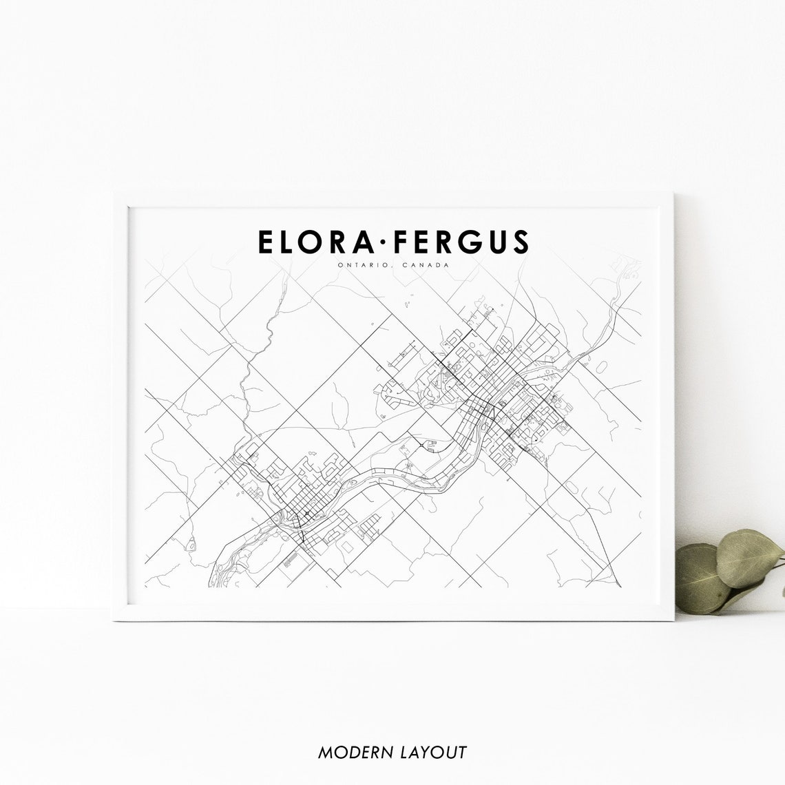 Elora Fergus Ontario Canada Minimalist City Street Map Poster