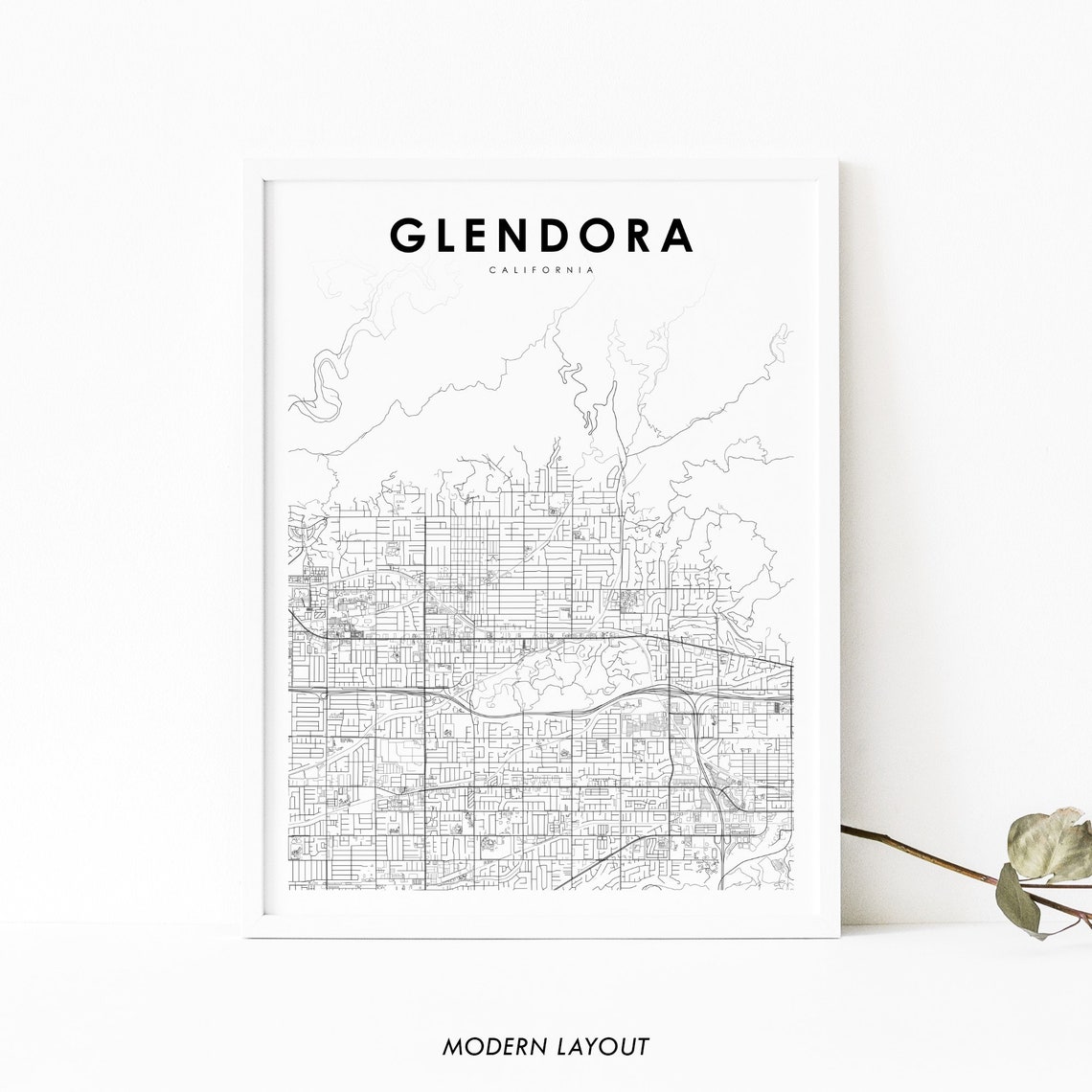 Glendora California Modern Black and White Street Map Poster
