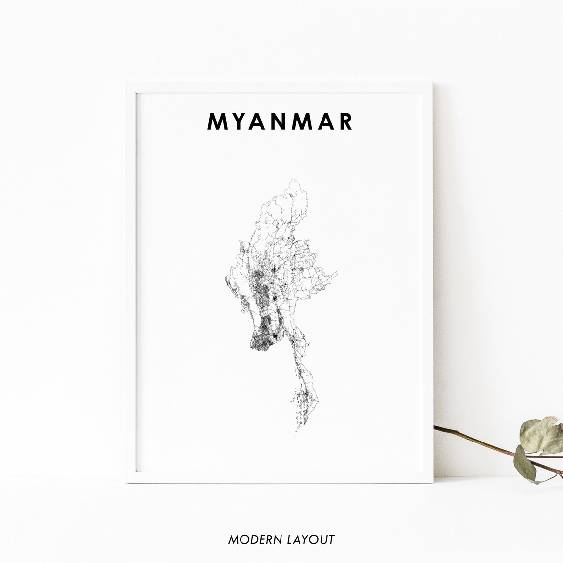 Minimalist Myanmar Country Map Modern Black and White Poster