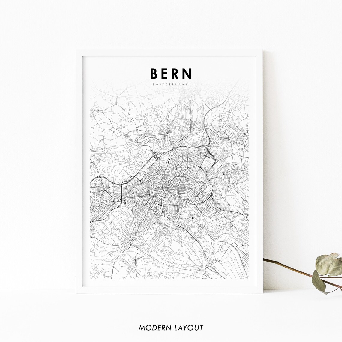 Bern Switzerland Map Print, Swiss City Street View