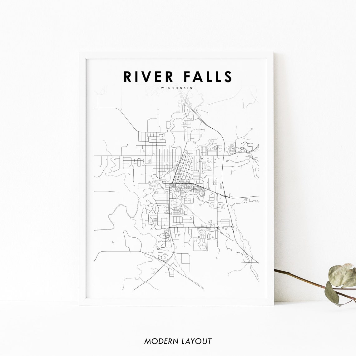 River Falls Wisconsin Minimalist Black White City Map Art Poster