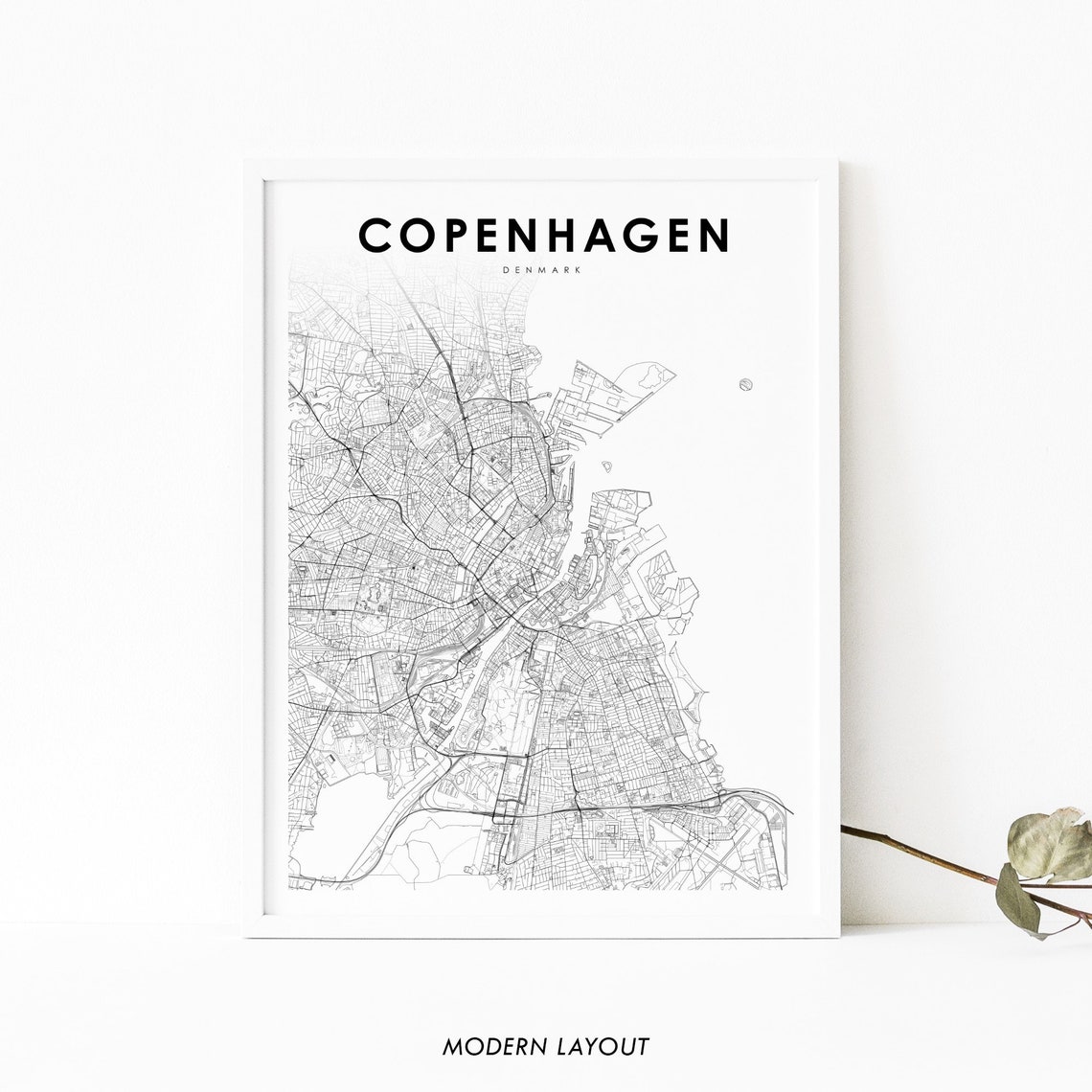 Copenhagen Denmark Minimalist City Street Map Black White Poster