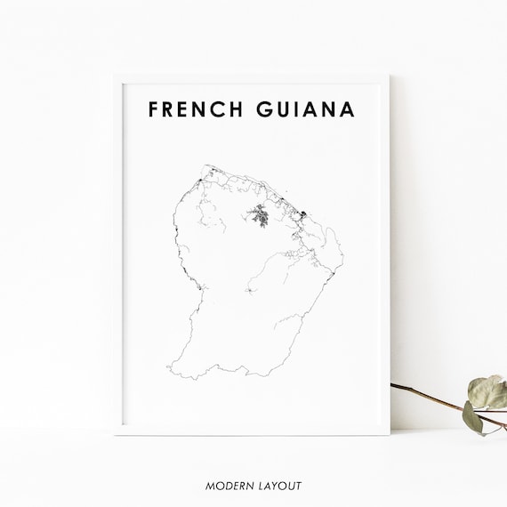 French Guiana Country Line Map Minimalist Black White Modern Poster