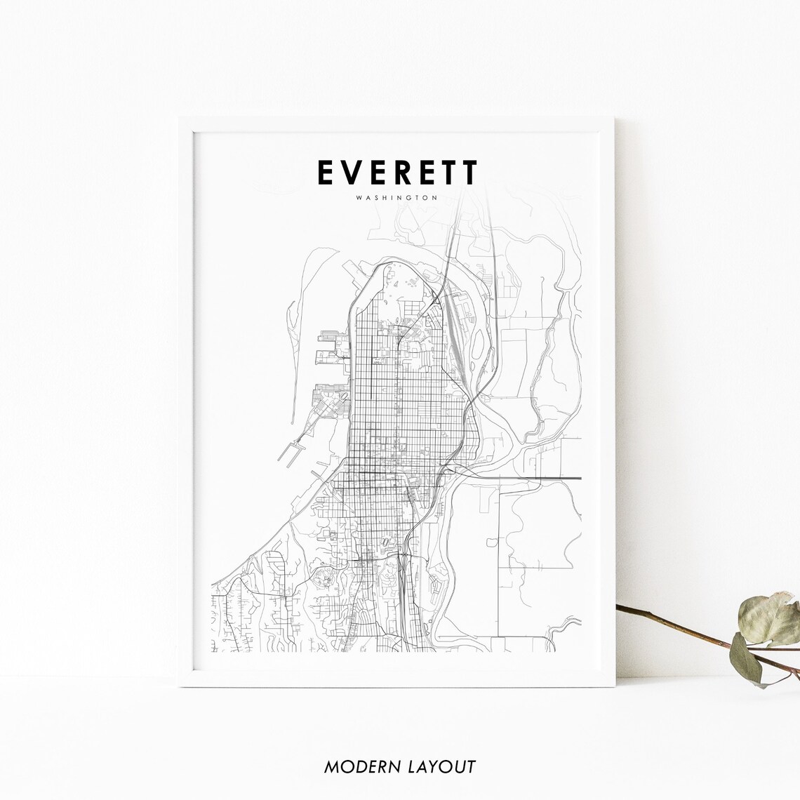 Everett WA Map Print, Washington City Poster