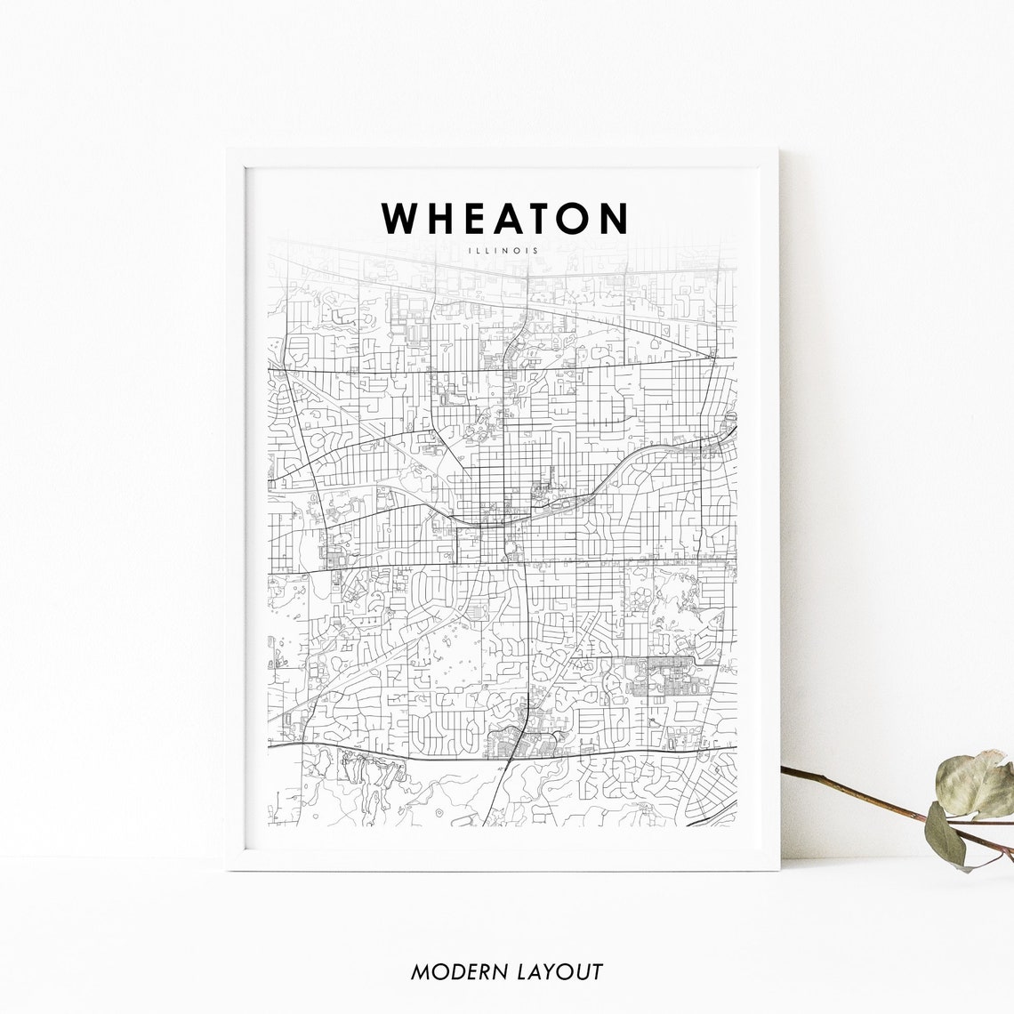Wheaton Illinois City Street Map Minimalist Modern Map Poster