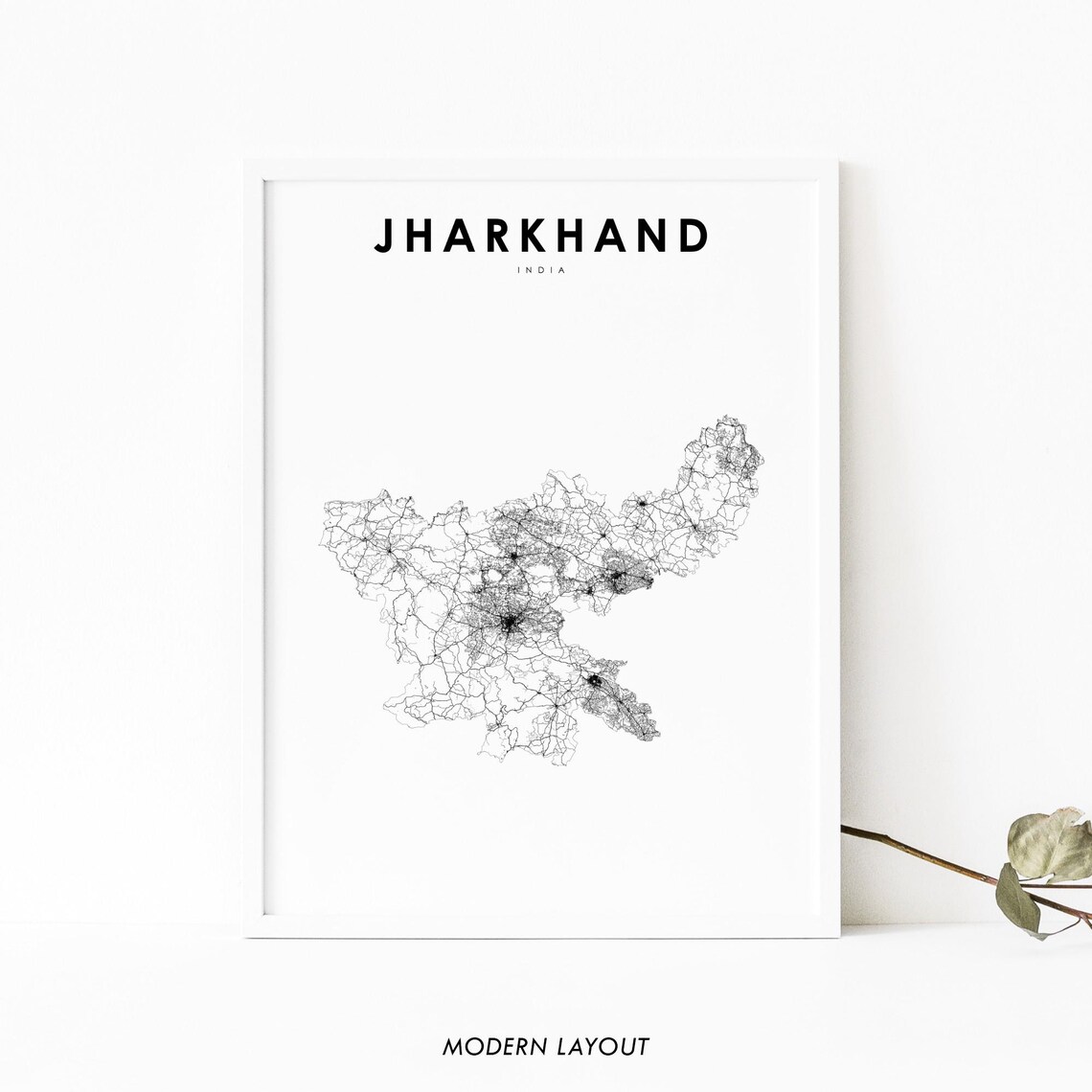 Jharkhand India Minimalist Black Line Art Road Map Travel Poster