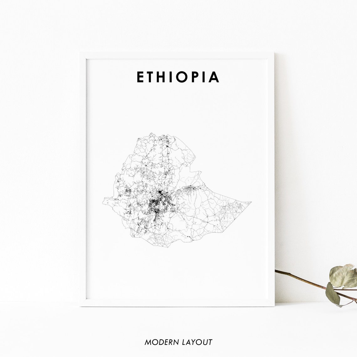 Ethiopia Modern Road Network Country Map Minimalist Art Poster