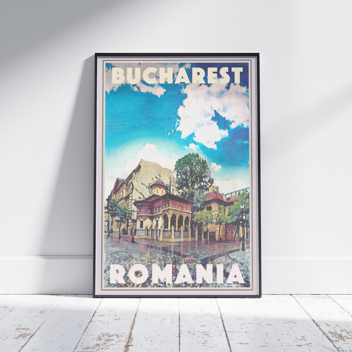 Bucharest Romania Vintage Travel Poster With Historic Church Square