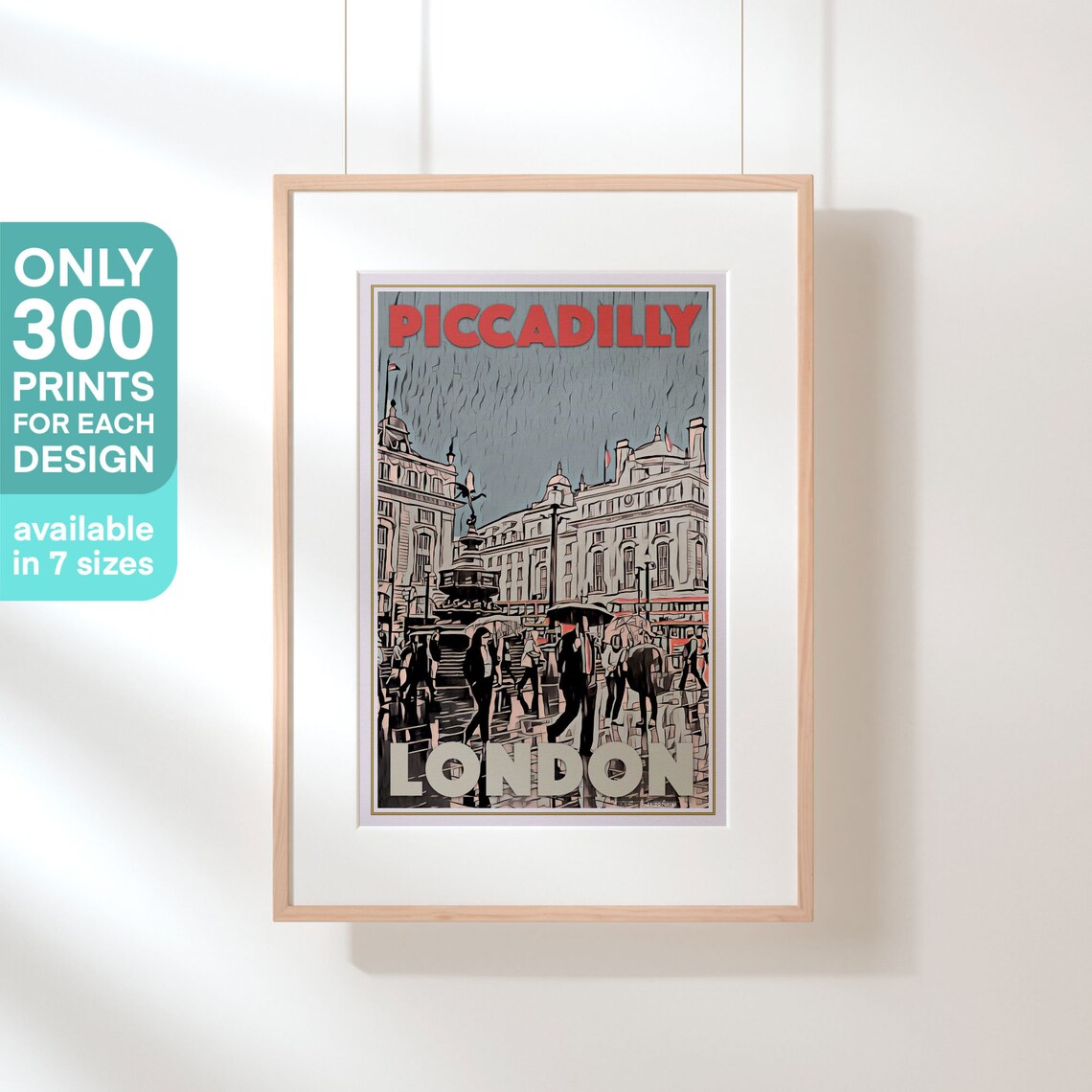London Piccadilly Circus Rainy Street Umbrellas Vintage Travel Poster - Image 3