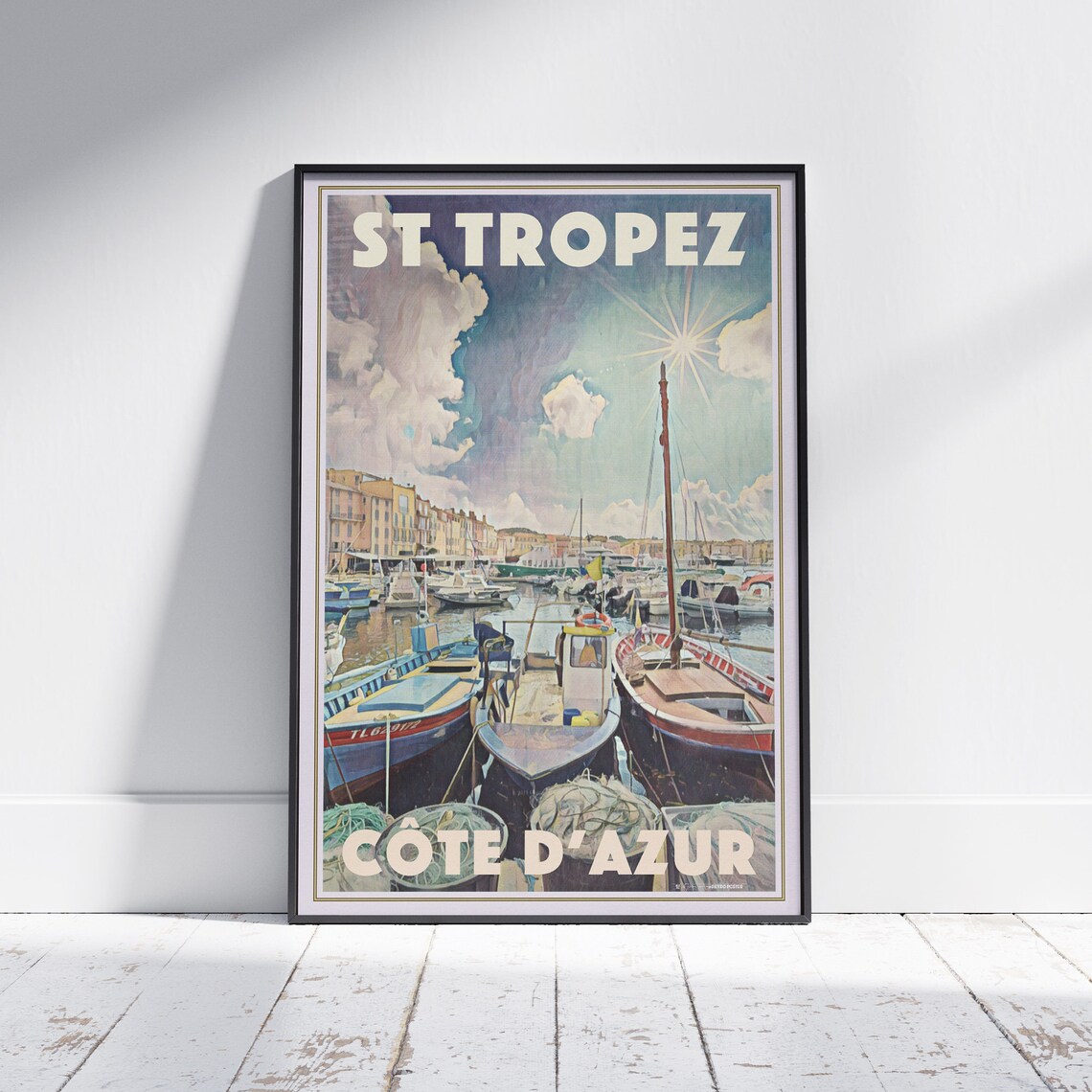 St Tropez Harbor Fishing Boats Cote d'Azur Retro Travel Poster
