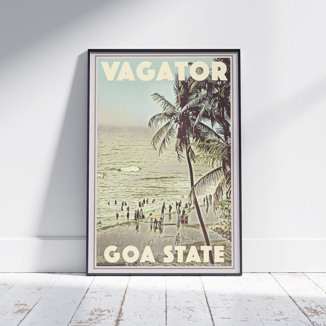 Vagator Goa Beach Swimmers and Palm Trees Travel Poster India
