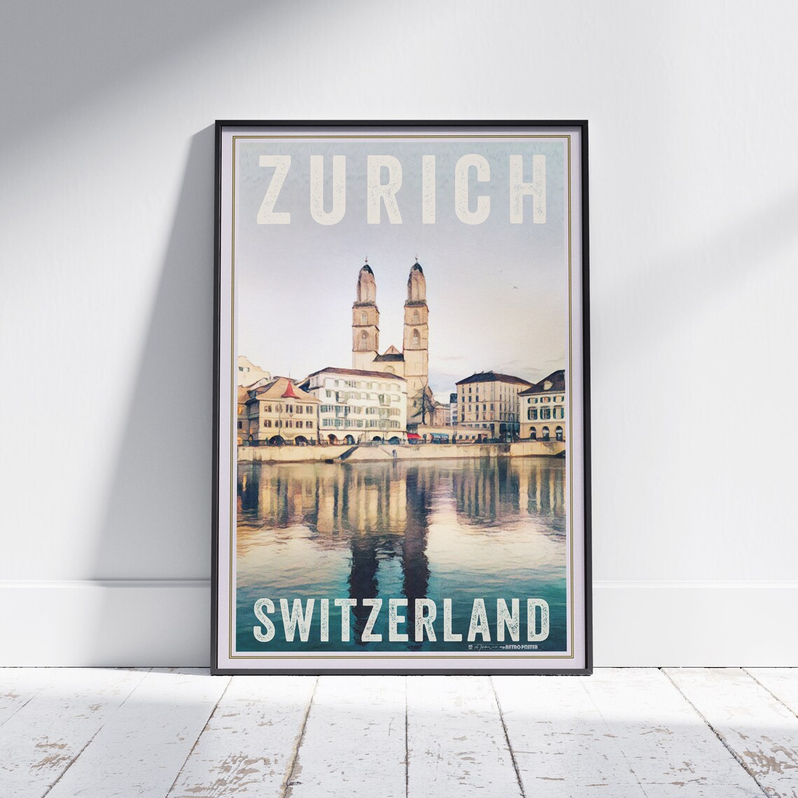 Zurich Switzerland Retro Travel Poster River Old Town Skyline View