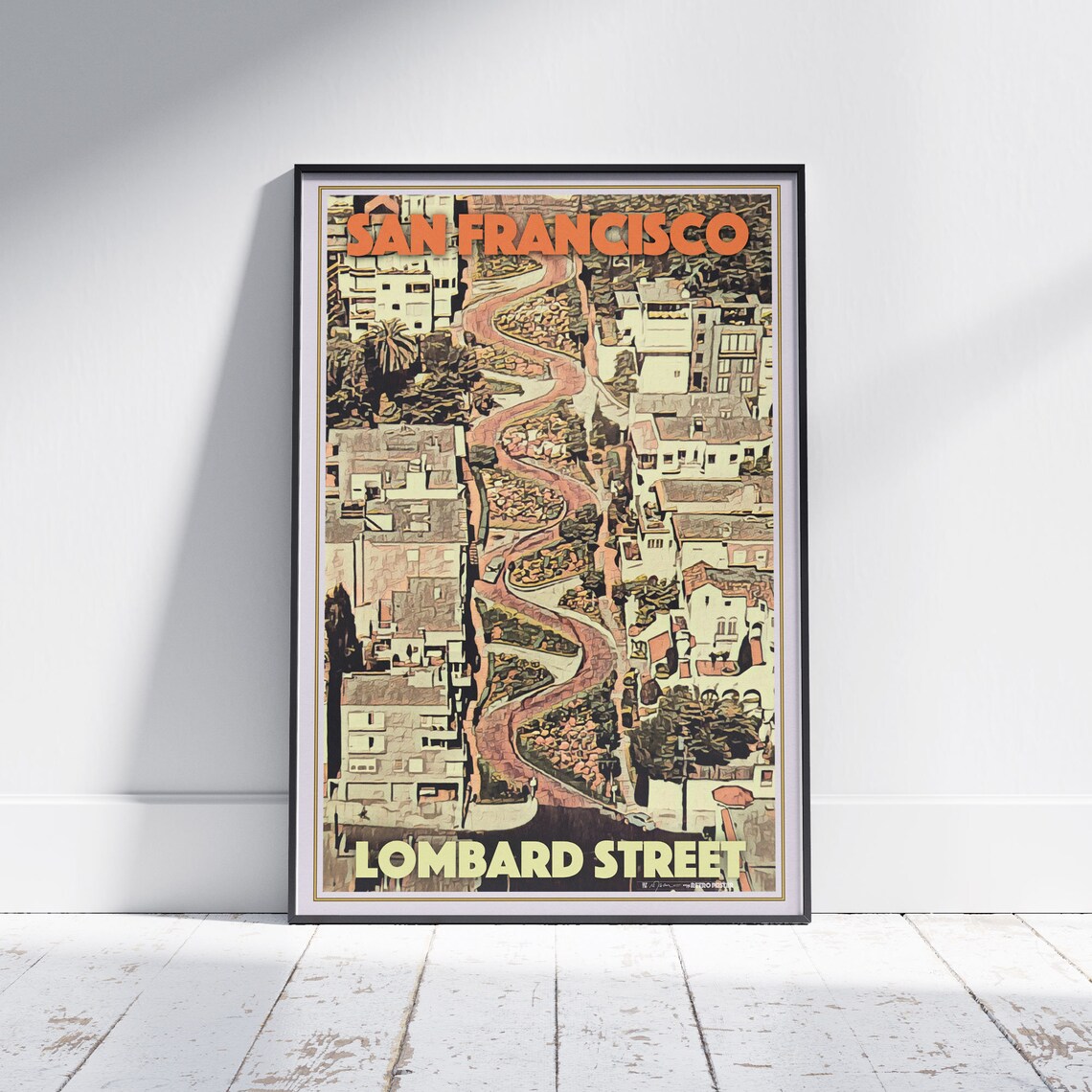 San Francisco Lombard Street Crooked Road Aerial Vintage Travel Poster