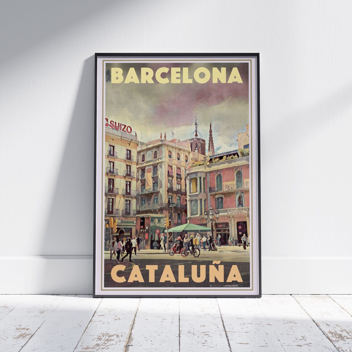 Barcelona Cataluna Bustling City Square Spain Vintage Travel Poster