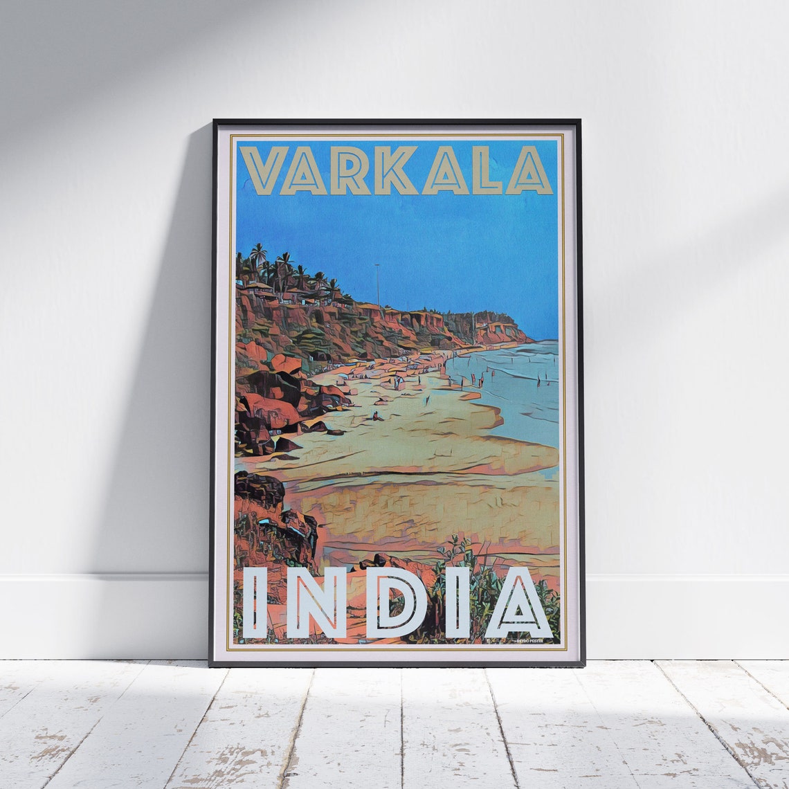 Varkala India Vintage Travel Poster With Red Cliff Beach Ocean View