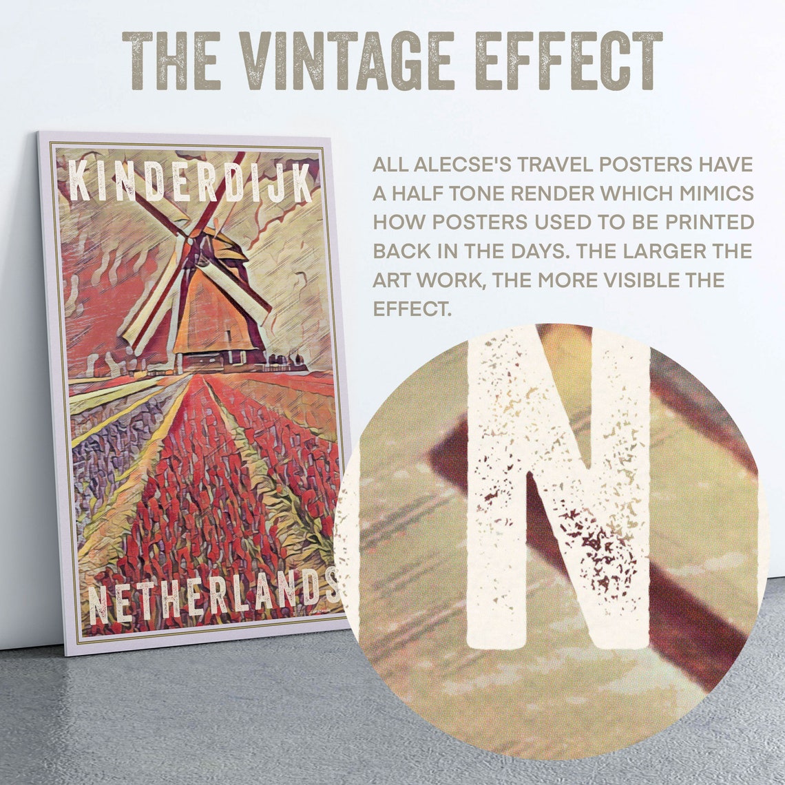 Kinderdijk Netherlands Windmill Tulip Fields Retro Travel Poster - Image 2