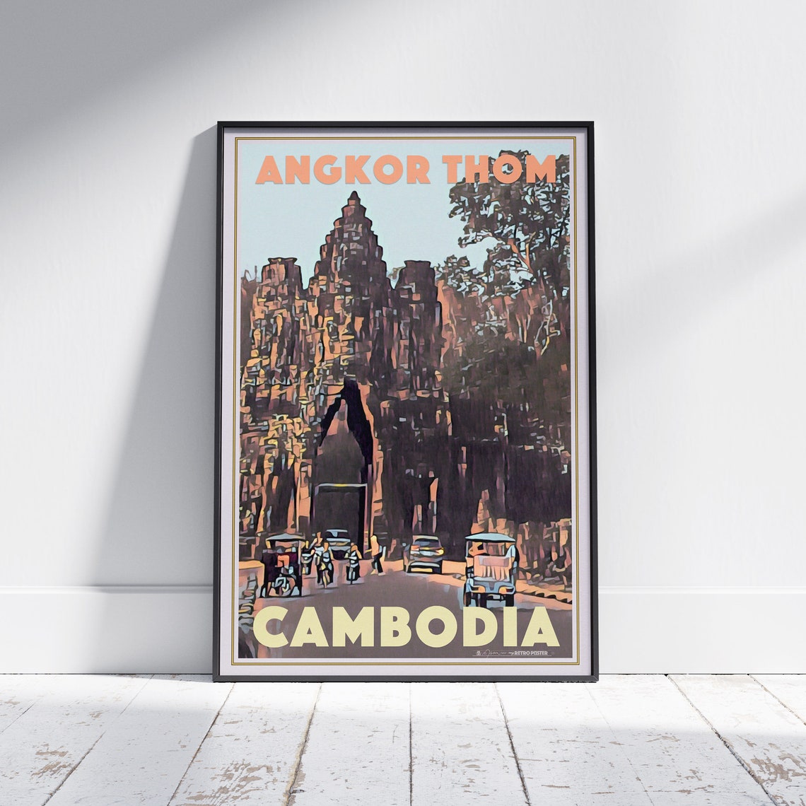 Angkor Thom Victory Gate Cambodia Tuk Tuks Retro Vintage Travel Poster