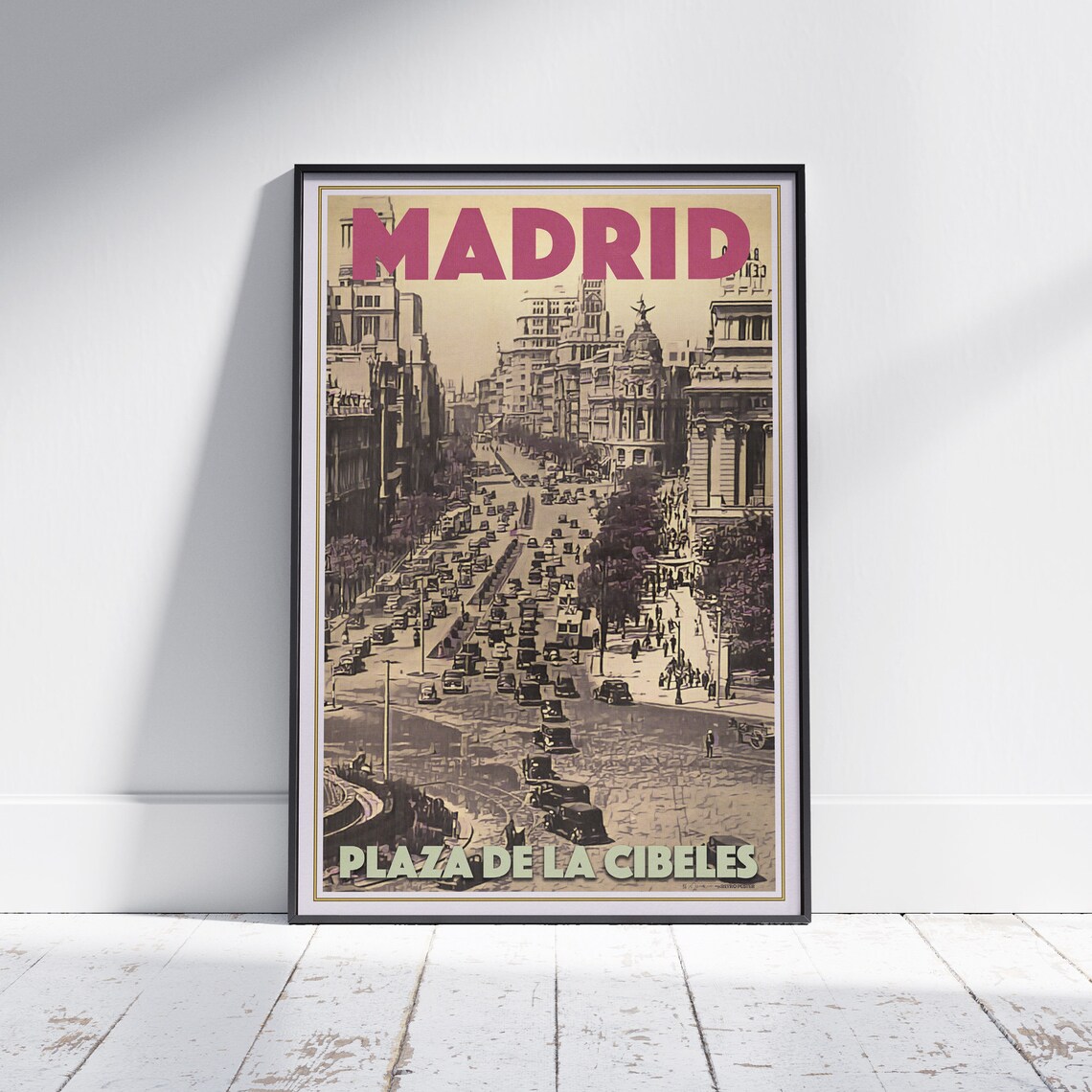 Madrid Plaza de la Cibeles Gran Via Vintage Street Scene Travel Poster