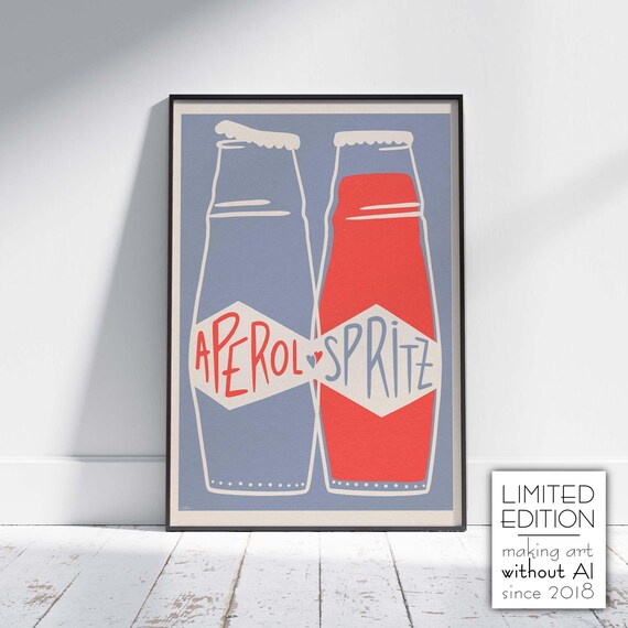 Aperol Spritz Cocktail Clinking Bottles Retro Bar Art Poster