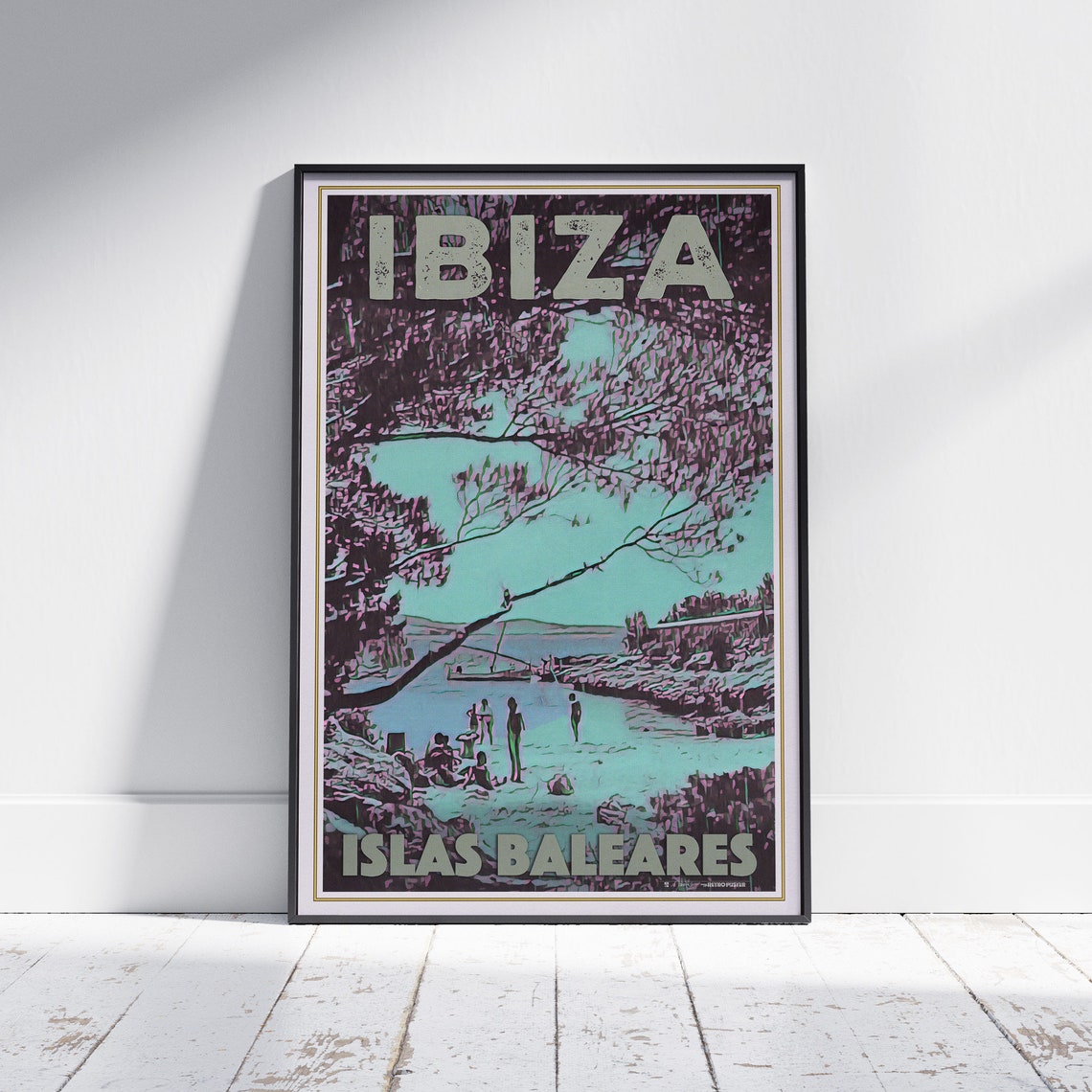 Ibiza Beach Cove Pine Trees Balearic Islands Spain Retro Travel Poster