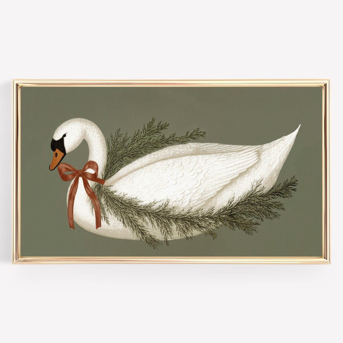 White Christmas Swan with Pine Garland and Bow Holiday Wall Art