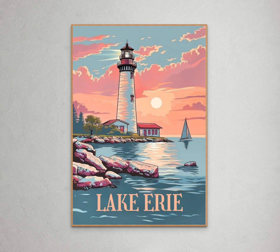 Lake Erie Lighthouse Vintage Travel Poster, Coastal Scene