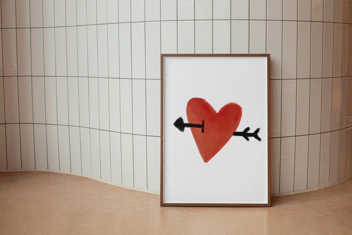 Red Heart Black Arrow Minimalist Romantic Watercolor Decor Poster