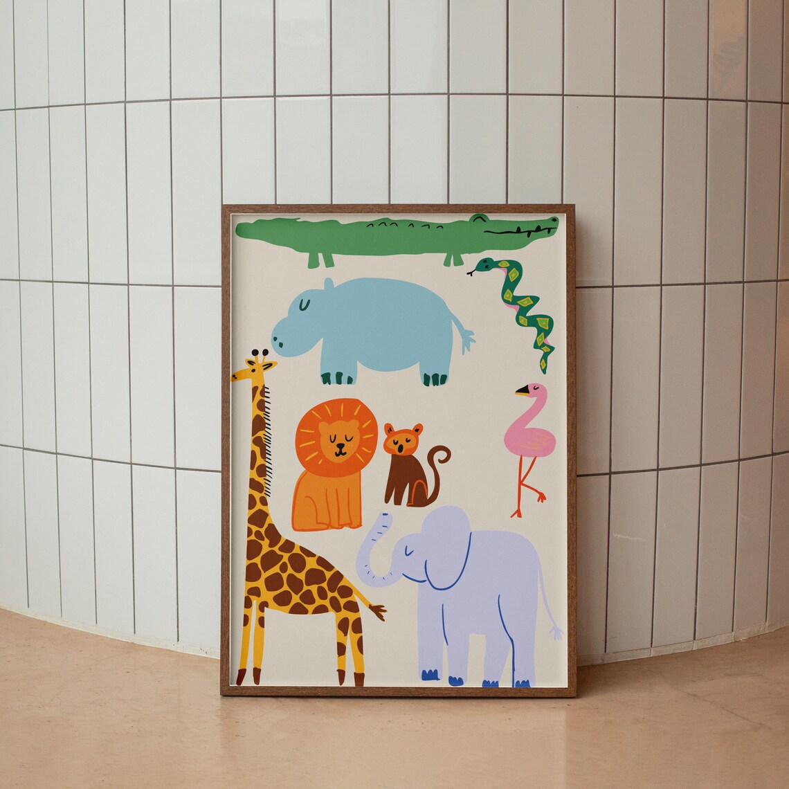Colorful Safari Animal Friends Kids Room Cute Giraffe Elephant Nursery Poster